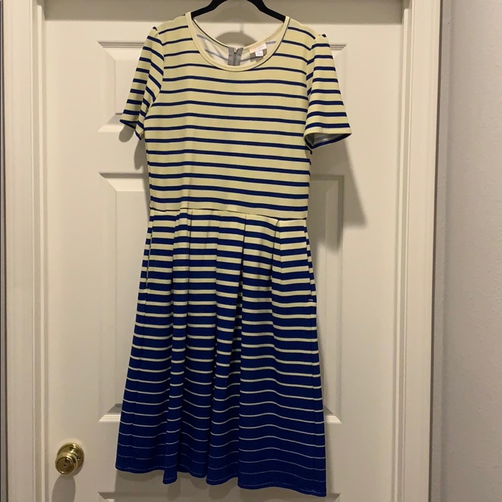 LuLaRoe Cream and Blue striped Amelia dress